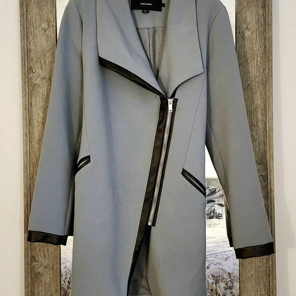 Vero Moda Blue Trench Coat with Black Leather Trim - Picture 2 of 10